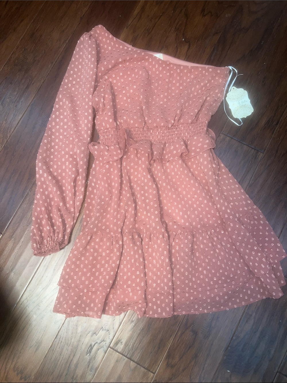 Altar'd State Dusty Pink Rust One-Shoulder Ruffle Tiered Dress